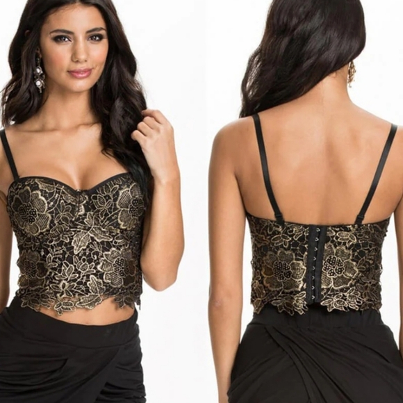 Unbranded Gold Black Floral Lace Embroidered Sexy Bustier Corset Crop Top SM - Picture 1 of 13